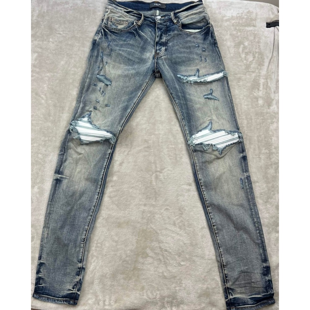 Amiri MX1 Distressed Leather Patch Slim Fit Jeans Light Indigo Blue 30